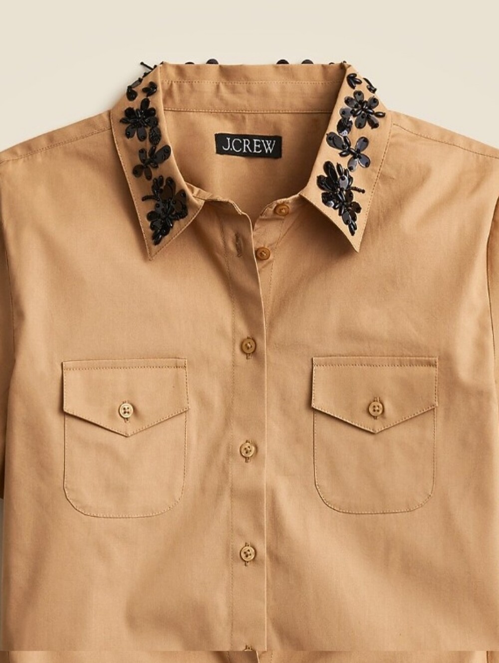 J. Crew Tan Short-Sleeve Button-Down Shirt with Black Floral Collar - Picture 2 of 5